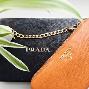 Authentic PRADA Vitello Zip‎ Orange Gold Saffiano Leather Wallet WOC Clutch